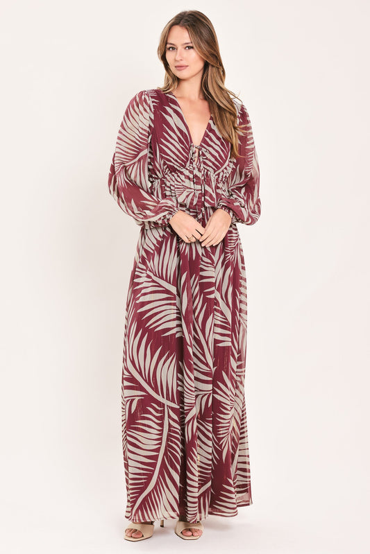 Bohemian Wine Leaf Maxi Dress