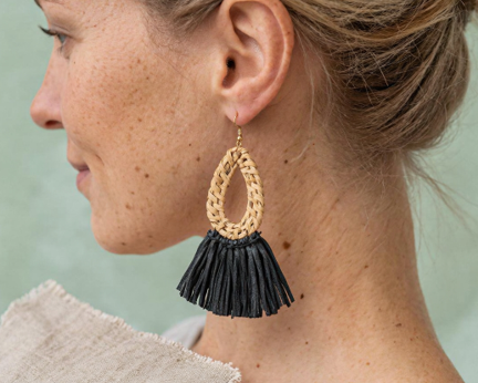 Bamboo & Black Fringed Earrings