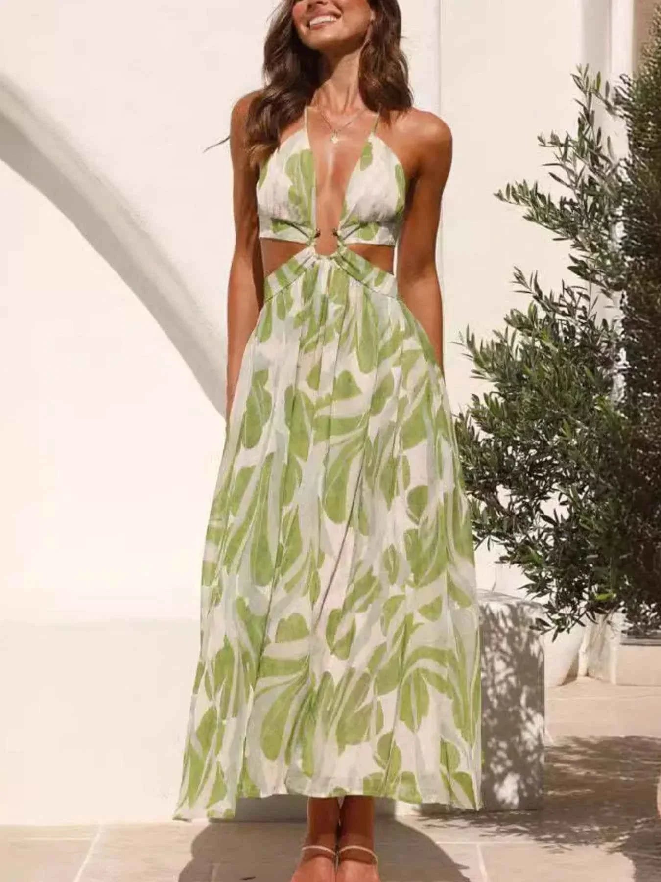 Tropical Leaf Halter Dress